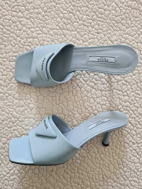 PRADA Burnished Leather Heeled Slide Sandals In Celeste EU 37.5 US 7.5 Org $1295 - Picture 14 of 16